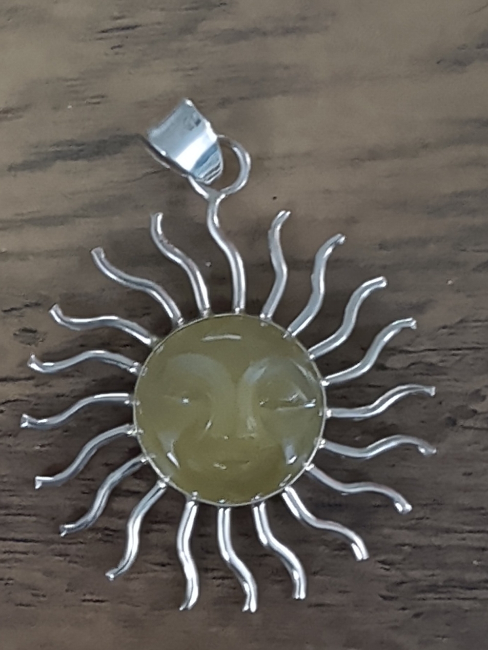 Sun Face Pendant Necklace - Silver with Olive Green Stone
